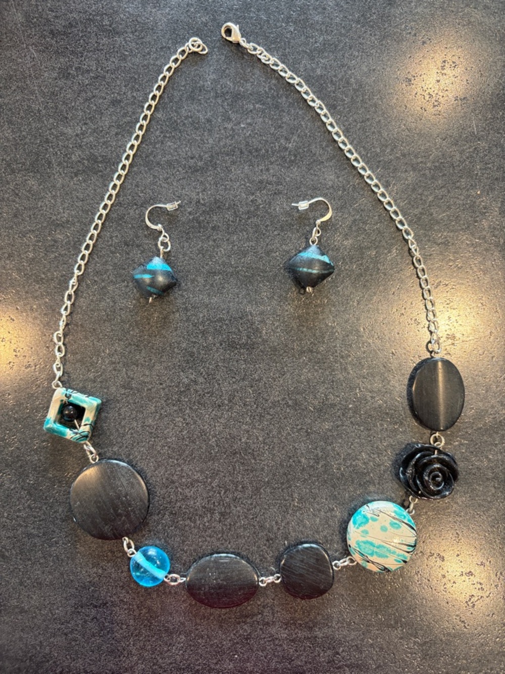 Black and Turquoise Statement Necklace & Earring Set